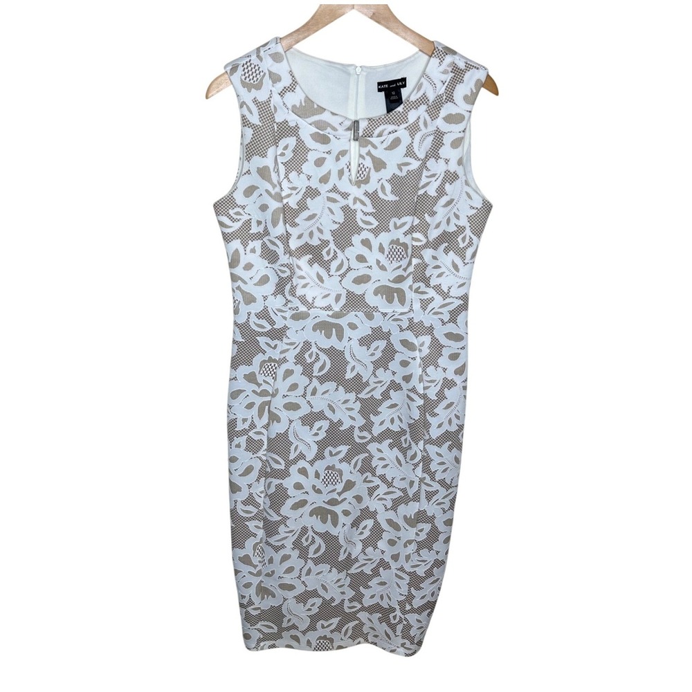 Kate & Lily Floral Print Sleeveless Sheath Dress size 12 Tan/Cream/White